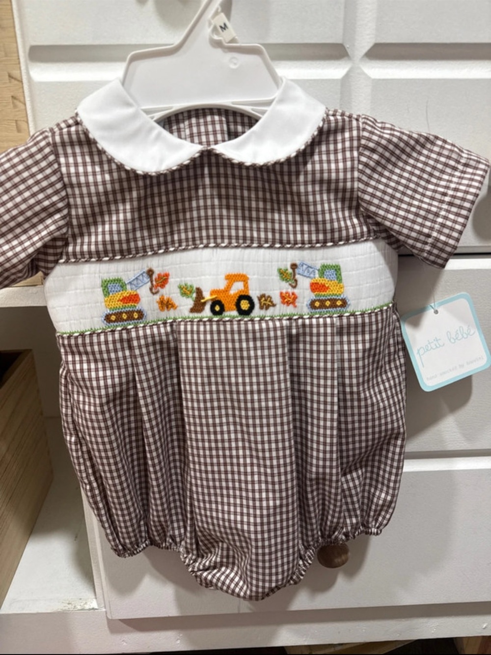 Petit Ami Brown Gingham Smocked Bubble Romper with White Peter Pan Collar